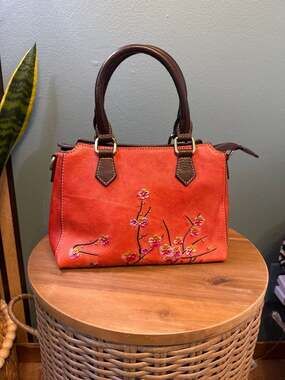 Vintage Genuine Leather Cherry Blossom Embossed Handbag